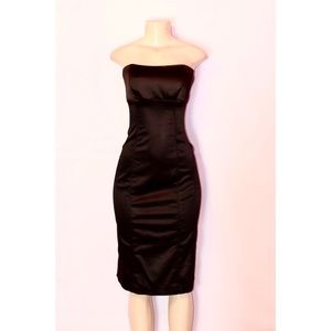 bebe BRAND MADE IN THE USA STRETCH SATIN STRAPLESS BLACK BODYCON DRESS LARGE